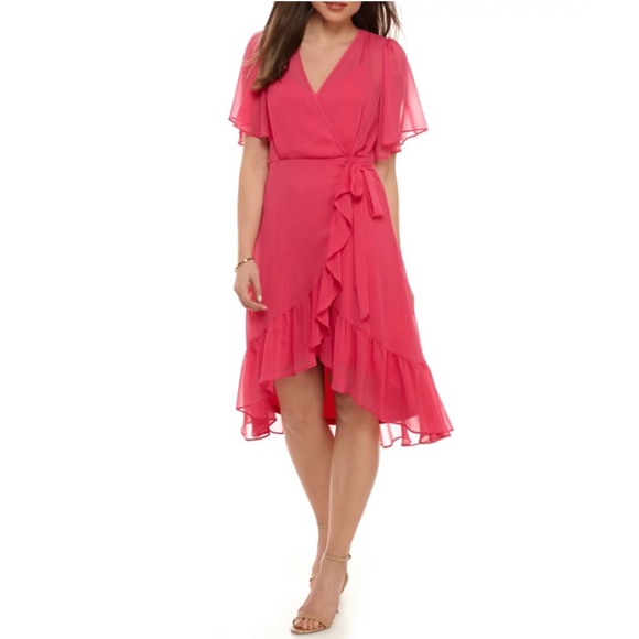 New Calvin Klein Dress 8 Chiffon Flutter Sleeve Green High-low Ruffle Faux Wrap - Picture 2 of 10